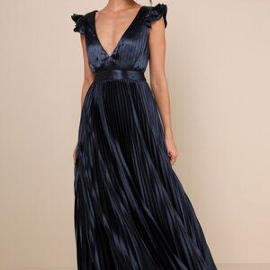Lulus Exceptional Drama Navy Blue Satin Lace-up Pleated Maxi Dress - Size XL